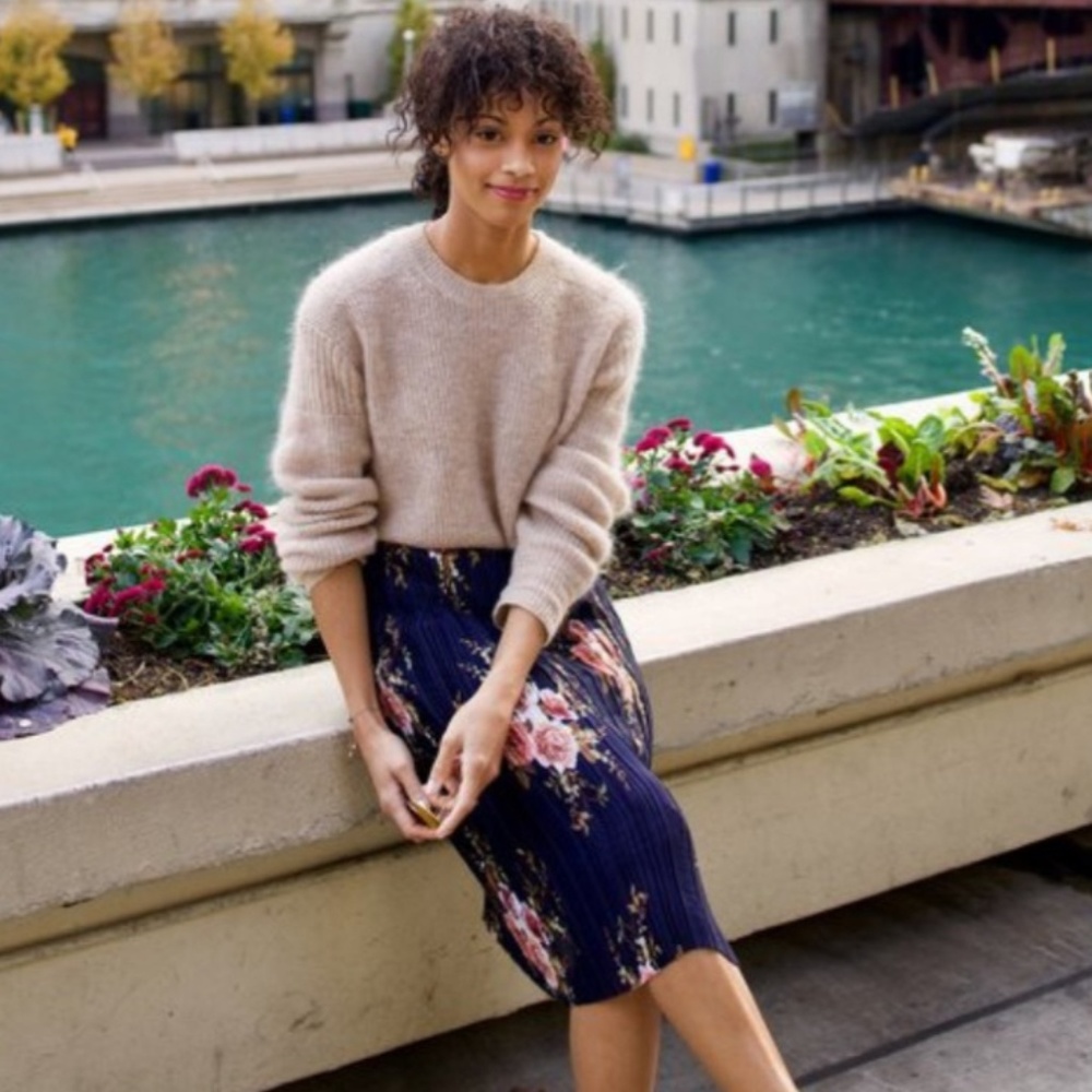 Pleated Chiffon Floral Midi Skirt